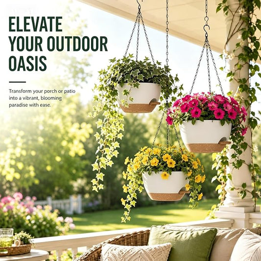 12 Inch Self Watering Hanging Planters 2 Pack, White Brown | Plastic planters with drainage holes and saucers. Suitable for indoor, outdoor, kitchen, balcony and garden plant decor.
