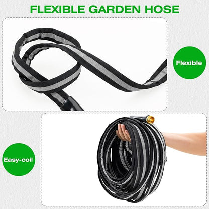 25ft Lightweight Garden Hose, Ultra Flexible Fabric Water Hose, Non-Expanding & Kink-Free with Leak-Proof Aluminum Fittings, Heavy Duty Hose for Yard, Car Wash & RV, Black-Gray