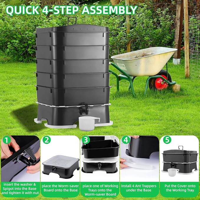 5-Tray Worm Compost Bin, Worm Composter for Outdoor & Indoor, 5-Tray ecocultivatify Wormie's Home Plus, Worm Bin Set for Recycling Household Waste (Black)