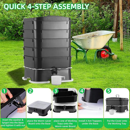 5-Tray Worm Compost Bin, Worm Composter for Outdoor & Indoor, 5-Tray ecocultivatify Wormie's Home Plus, Worm Bin Set for Recycling Household Waste (Black)