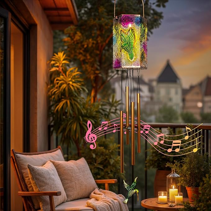 Hummingbird Solar Wind Chimes for Outside Gifts for Women,3D Multicolor Waterproof Solar Lantern Wind Chimes Outdoor Lights LED Hanging Decor for Garden, Patio, Yard Gifts for Mom Grandma