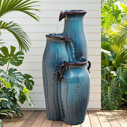 29.5" H Ceramic Outdoor Water Fountain with LED Lights, 3-Tier Vase Cascading Water Feature, Turquoise with Embossed Leaf Patterns, Tranquil Waterfall for Garden, Patio, Yard, or Porch