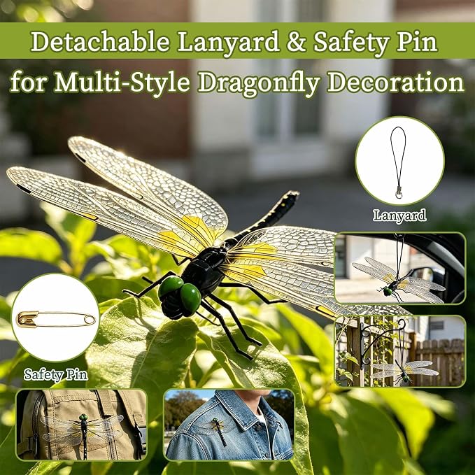 3D Artificial Dragonflies, 12Pcs Vivid Fake Dragonfly Decor Lifelike Dragonfly Clips with Removable Hanging Rope & Safety Pin PVC Dragonfly Ornament Indoor Outdoor Decor for Garden Patio Yard Home