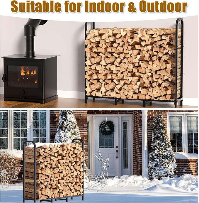 Gtongoko 4ft Heavy Duty Metal Firewood Rack Outdoor Indoor Fire Wood Holder Rack for Fireplace, Log Racks for Firewood Outdoor, Wood Pile Storage Organizer, Black