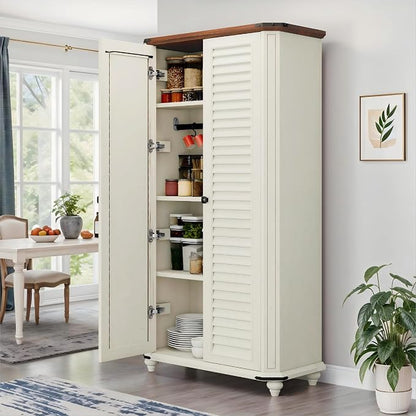 DWVO 4-Tier Storage Cabinet with 2 Shutter Doors, Farmhouse Kitchen Pantry Cabinet with Adjustable Shelves, Wooden Cabinet for Kitchen, Dining Room, Living Room, Office, Rustic White | 4-Tier Storage Cabinet with 2 Shutter Doors, Wooden Cabinet for Kit...