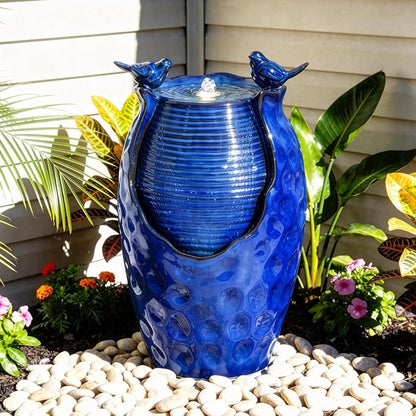 23.5" H Ceramic Jar Outdoor Fountain, Honeycomb Pot Water Feature with LED Lights, Soothing Trickling Waterfall for Garden, Patio, Yard, Balcony or Porch Oasis, Cobalt Blue Glaze, KD Vivid Birds