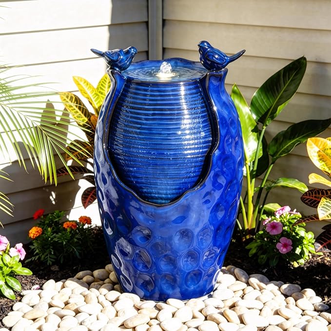 Autodaya 25" Ceramic Outdoor Fountain, Honeycomb Jar Design with LED | Bird-Friendly Decorative Garden Water Feature with ambiant lighting, Soothing Trickling Waterfall for Patio Backyard Oasis