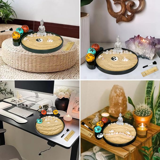 Japanese Meditation Buddha Zen Garden Kit - Tabletop Crystal Rock Sand Garden for Desk Sandbox w/Zen Rake Stamp Spheres Accessories Tools Healing Stone Office Relaxation Decor Gift