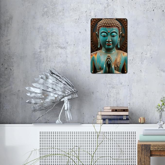 Buddha Statue tin sign Vintage Zen Buddhist Metal Sign Print Aesthetic for Garden Yard Bar Porch Home Bedroom Kitchen Wall Art Decor Gift 8 x 12 inch