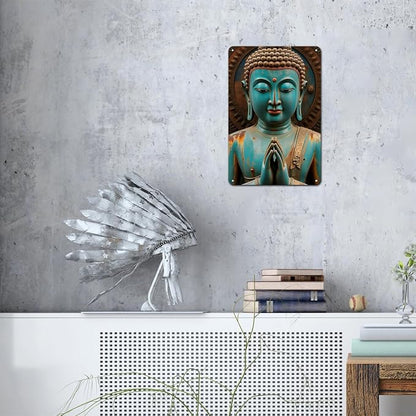 Buddha Statue tin sign Vintage Zen Buddhist Metal Sign Print Aesthetic for Garden Yard Bar Porch Home Bedroom Kitchen Wall Art Decor Gift 8 x 12 inch