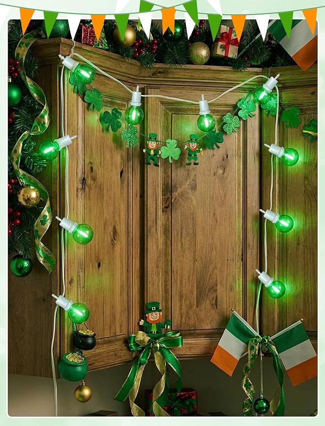 LED St. Patrick's Day String Lights, 25Ft St Patricks Decorations Outdoor | 25+2 G40 Round Bulbs, Connectable, Hanging Patio Lights Shatterproof for Indoor Home Decor Party, White Wire, Clear Green