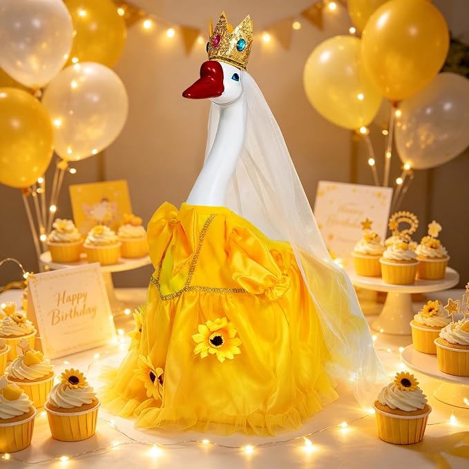 Porch Goose Statue with Princess Outfits - Cute Resin Goose Figurine with Yellow Princess Dress and Crown, Waterproof Weather Resistant Garden Decor for Patio Lawn Room, Gift for Women Goose Lovers