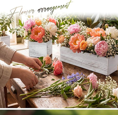 Leinuosen 12 Wooden Planter Boxes Set, 4 Pcs 12 x 4 Inch Rectangle Wood Planter Box 8 Pcs 4 x 4 Inch Wooden Cube Flower Pots Rustic Square Wood Vase for Centerpiece Wedding Decoration(Classic,White)