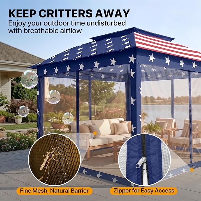 COOS BAY 11x11 Pop Up Gazebo with Mesh Netting, Instant Outdoor Canopy Tent, Water Resistant Shelter with UPF 50+ UV Protection, 121 Sq Ft Coverage, American Flag
