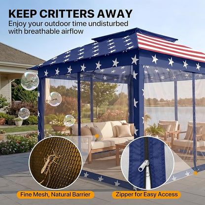 COOS BAY 11x11 Pop Up Gazebo with Mesh Netting, Instant Outdoor Canopy Tent, Water Resistant Shelter with UPF 50+ UV Protection, 121 Sq Ft Coverage, American Flag