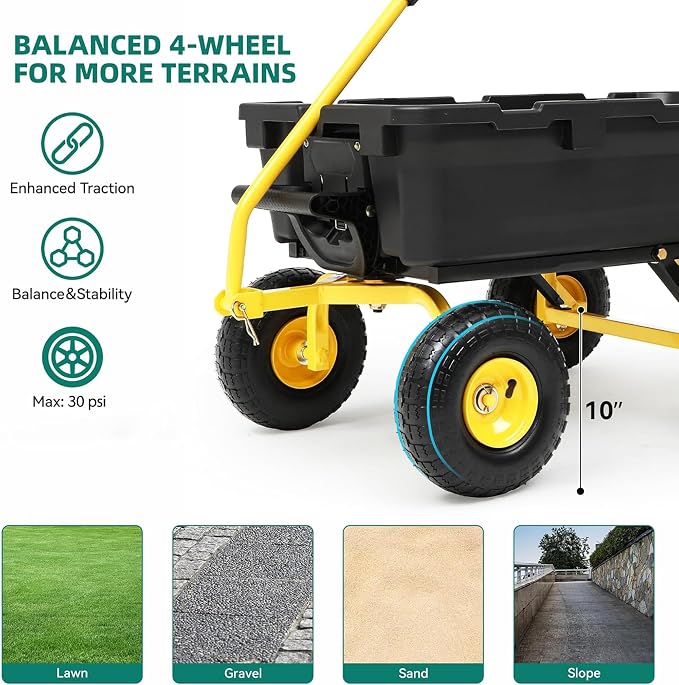 Garden Dump Cart Wheelbarrow 900Lbs, 10" All Terrain Tires Wagon | Upgrade Non-Slip Pneumatic Tires,DIY Expansion over 900LBS Capacity,Quick-Release Dumping, Steel Frame for Yard, Farm, Garden
