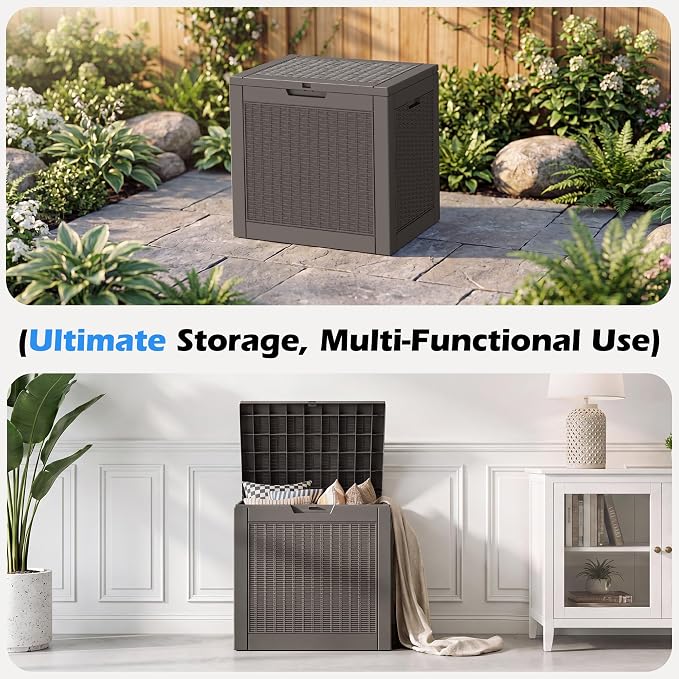 Outdoor Storage Box, 30 Gallon Resin Deck Boxes Outdoor Waterproof For Patio Furniture, Garden Tools, Pool Supplies, Lockable And UV Resistant (Rattan Gray)