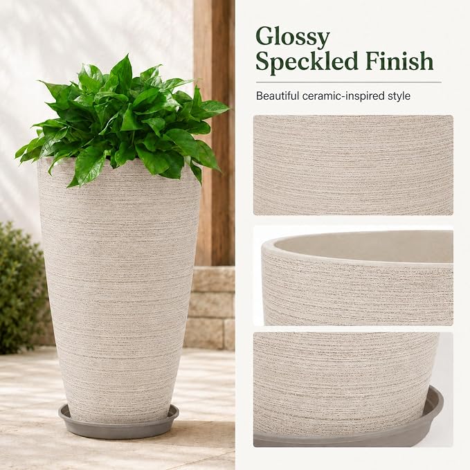 Neoaider Set of 2 Tall Planter, 21 inch Large Plastic Planter, Oat Color | Ceramic-Look, Lightweight, Built-in Drain Hole, Saucers, Tall Outdoor Planter for Porch, Garden, Patio, Balcony