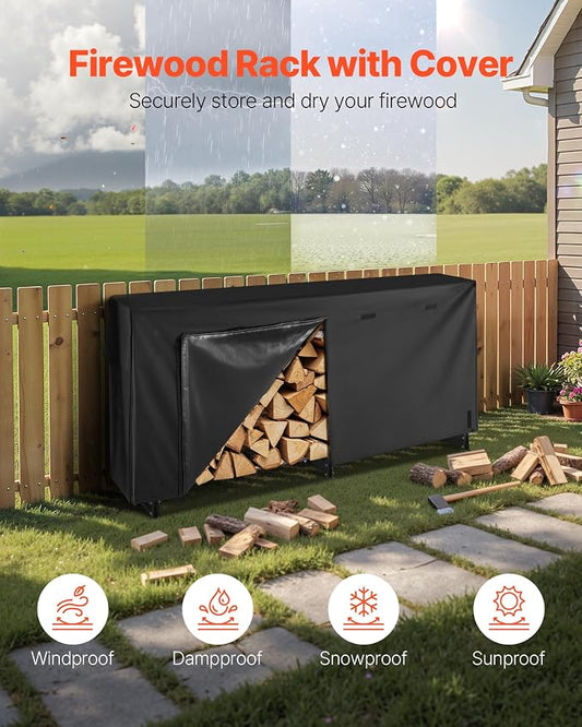 VEVOR Firewood Rack with Waterproof Cover, 8.4 ft Outdoor Firewood Holder, 1/2 Cord Storage Metal Log Holder, 660lb Max Weight Capacity, Top Covered, Powder-Coated Wood Storage Rack for Fireplace Deck