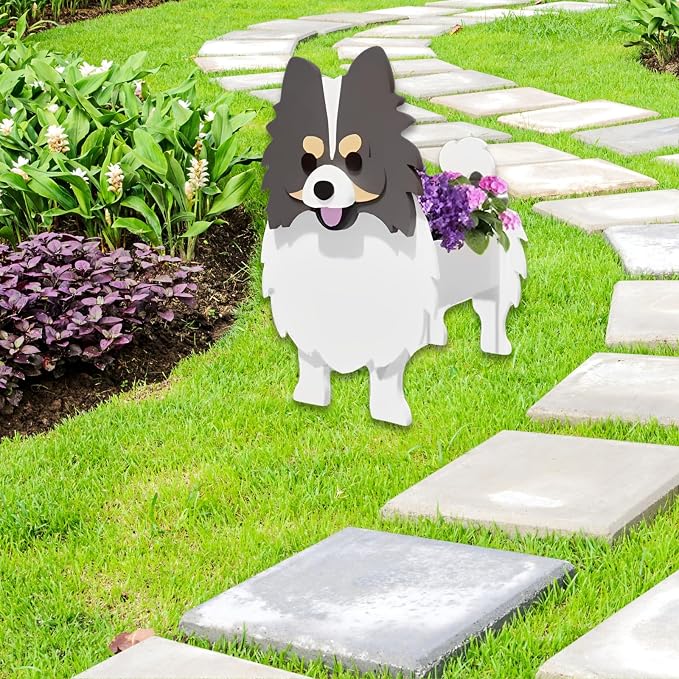 Grey and White Pomeranian Dog Planter Pots, 9.45 x 6.65 x 12.13 in | Dog Flower Pot, Cute Animal Shaped Plant Pot, Gifts for Women & Pet Lovers, Indoor Outdoor Garden Home Office Decor