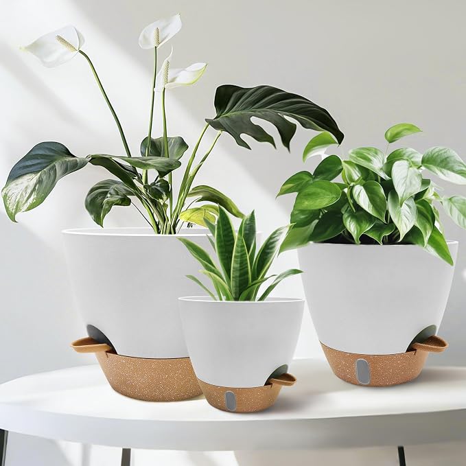 12/10/9/8 inch Self Watering Pots with Visual Water Window, Extra Large Self Watering Plant Pot with Drainage Holes and Saucers, White Flower Pots for Indoor Plants