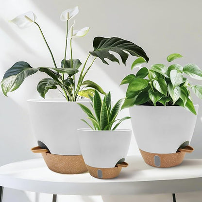 12/10/9/8 inch Self Watering Pots with Visual Water Window, Extra Large Self Watering Plant Pot with Drainage Holes and Saucers, White Flower Pots for Indoor Plants