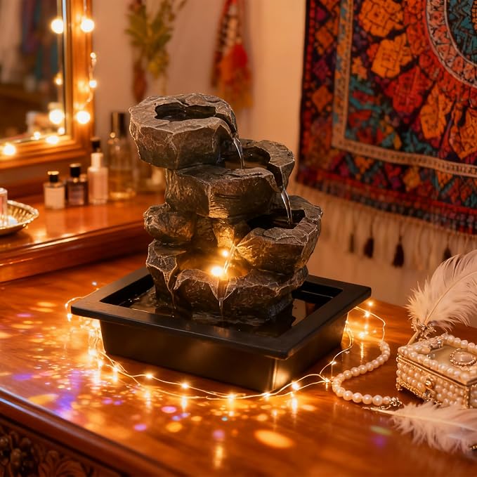 Indoor Tabletop Rock Waterfall Fountain with Warm Light & Stacked Stone for Home Office Desk Decor, Zen Resin Water Feature for Relaxation
