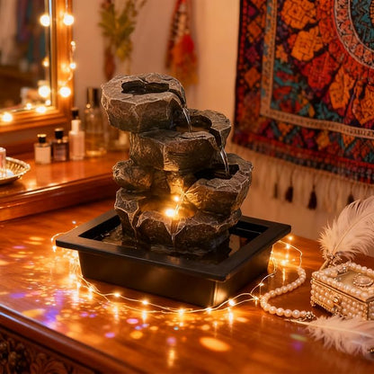 Indoor Tabletop Rock Waterfall Fountain with Warm Light & Stacked Stone for Home Office Desk Decor, Zen Resin Water Feature for Relaxation