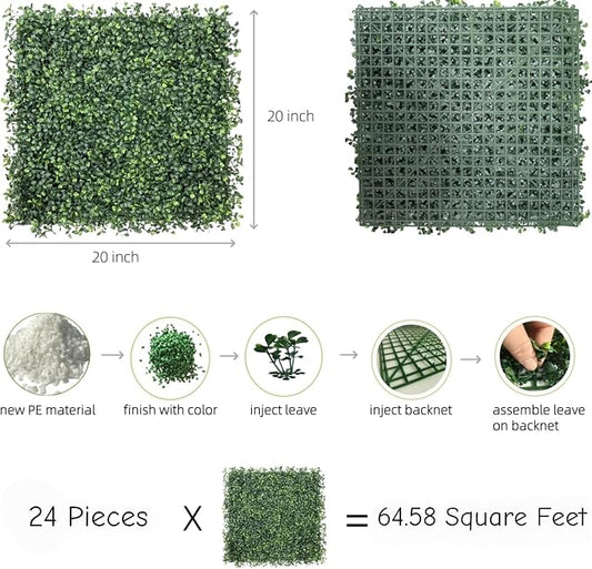 Boxwood Panels 24 Pcs 20"x20" Grass Wall Privacy Screen for Fence | Grass Wall Panels UV Resistant Artificial Boxwood Hedge Panels for Commercial Restaurant Deck.Indoor Outdoor Party