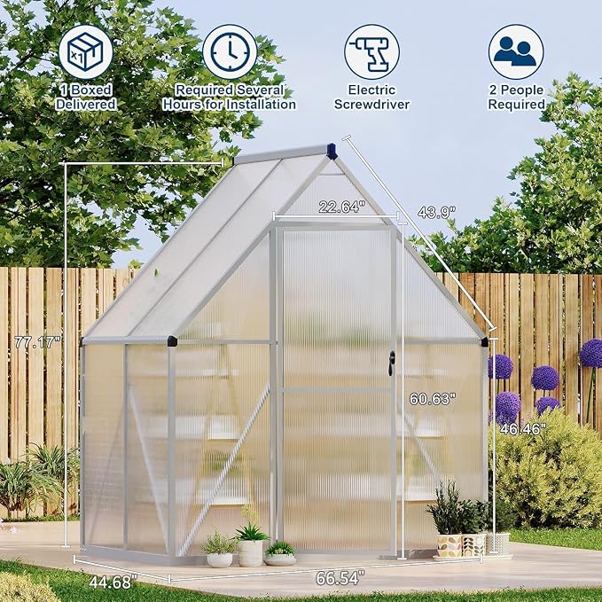 GarveeLife 6X4FT Polycarbonate Greenhouse with Aluminum Frame, Polycarbonate Greenhouse for Outdoors, Greenhouses with Ventilation, Aluminum Large Walk-in Greenhouses for Outside