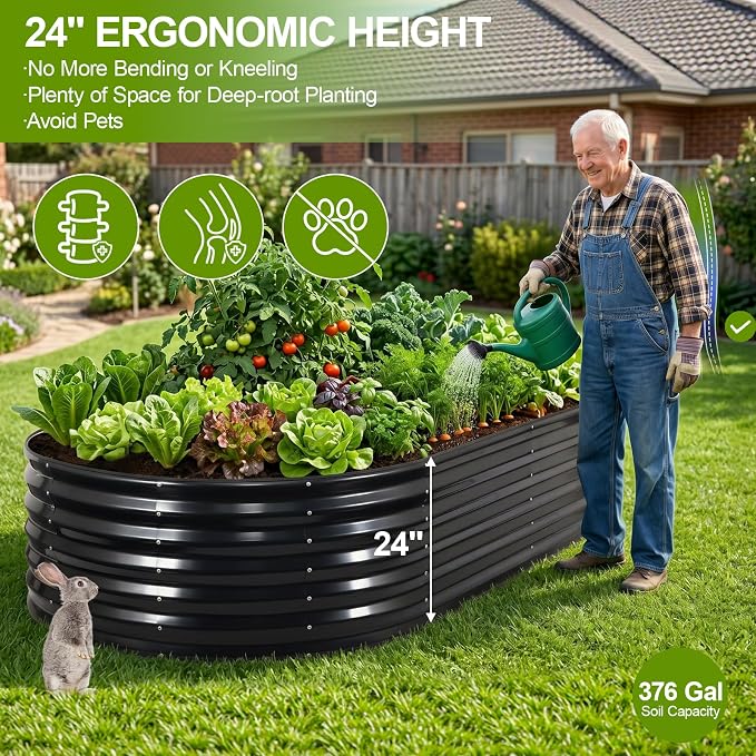 24" Tall Galvanized Raised Garden Bed Outdoor, 8x4x2ft Deep Metal Planter Box with Safety Edging & Support Bars, Large Oval Raised Beds for Gardening Plants Vegetables Herbs Flowers (Dark Grey)