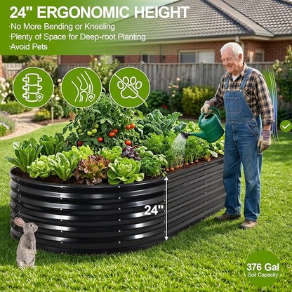 24" Tall Galvanized Raised Garden Bed Outdoor, 8x4x2ft Deep Metal Planter Box with Safety Edging & Support Bars, Large Oval Raised Beds for Gardening Plants Vegetables Herbs Flowers (Dark Grey)
