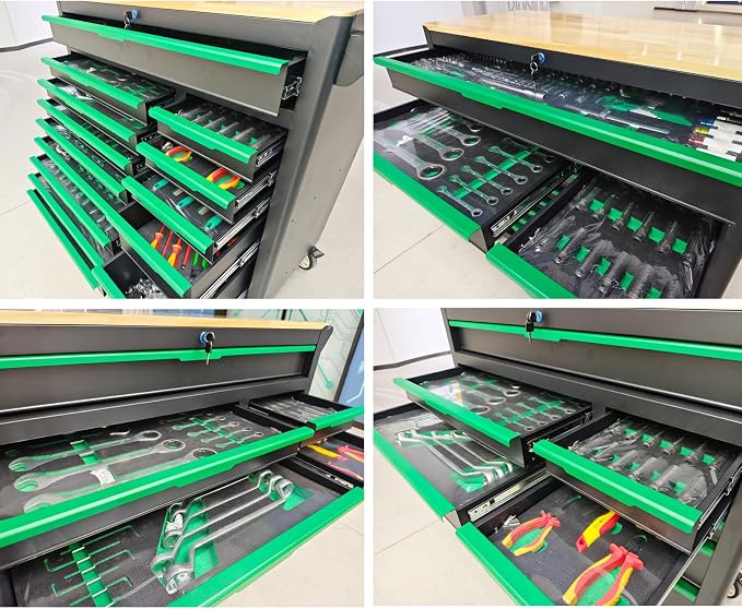 14-Drawers Rolling Tool Chest with Wood Workbench,Brake Casters,Lock & Key,Heavy-Duty Steel Tool Cabinet Storage, for Home,Garbge or Workshop Use (14 Drawer + 348 Pieces Tools)