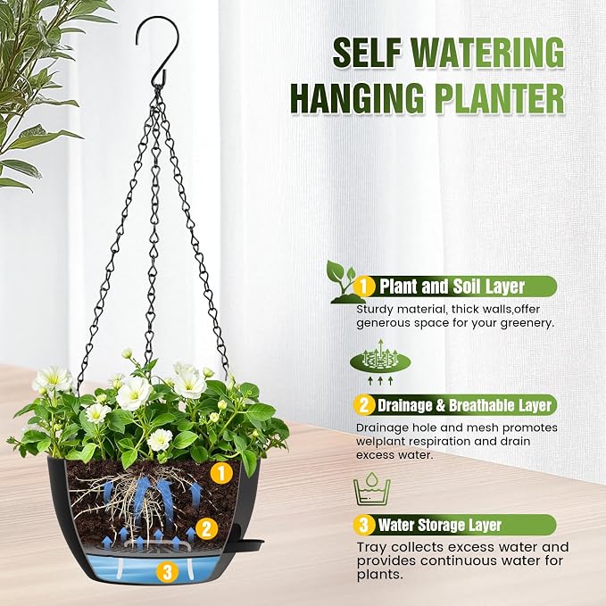 8 Inch Self Watering Hanging Planters Set of 3 with Saucers | Set of 3 8-inch self-watering hanging planters with side-fill watering ports, chain hangers & snap-on saucers