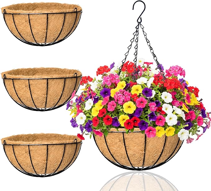 Hanging Planters for Outdoor Plants 4 Pack 14 inch Metal Hanging Flower Basket with Coco Coir Liner Wire Plant Holder Watering Flower Baskets Pot Hanger Garden Decoration for Indoor Outdoor(XGL)