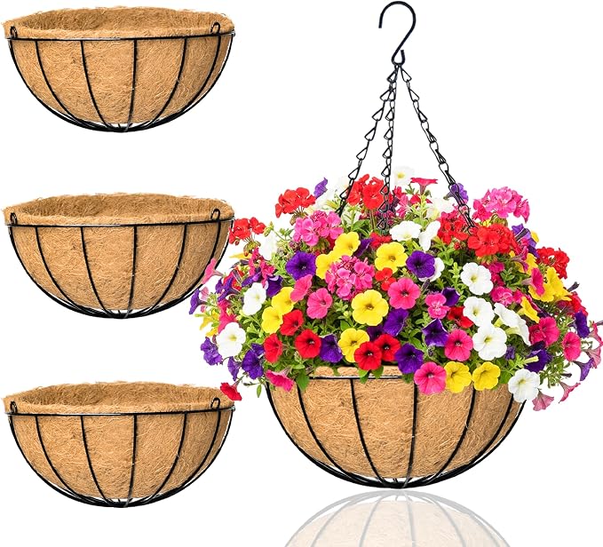 Hanging Planters for Outdoor Plants 4 Pack 12 inch Metal Hanging Flower Basket with Coco Coir Liner Wire Plant Holder Watering Flower Baskets Pot Hanger Garden Decoration for Indoor Outdoor(XGL)