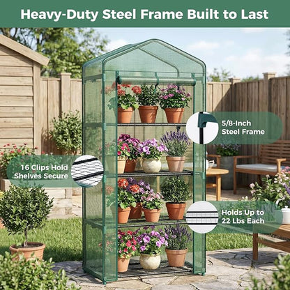Sweetcrispy Mini Greenhouse with Roll-up Zipper Door Durable PE Cover, 27"x19"x63" 4 Tier, Small Greenhouse for Outdoors Indoor Balcony, Porch, Garden, Patio, Backyard Green Houses, Green