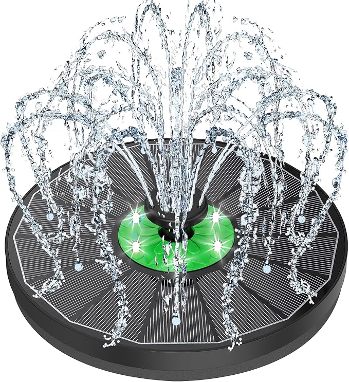 Yzert Solar Fountain for Bird Bath Green Flower White Lights, 3.5W Glass Solar Bird Bath Fountains with 2200 mAh Battery, Solar Fountain Pump with 7 Nozzles for Outdoor Garden, Pond, Pool Decor