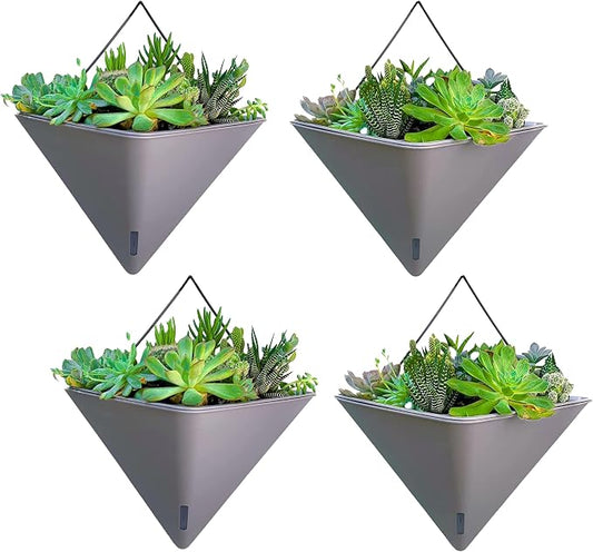LaLaGreen Wall Planters for Indoor Plant (12in, 4 Pack) Hanging Flower Vase | Large Self Watering Gray Geometric Vessel with Metal Hanger, Modern Stylish Wall Mounted Succulent Pot Holder Decor