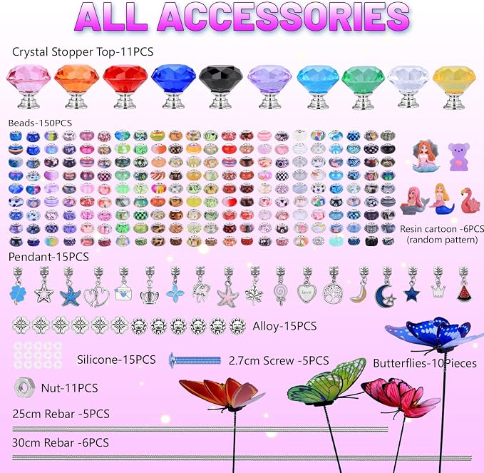 AIPRIDY DIY Crystal Beaded Fairy Wand Garden Stakes Kit, Colorful Decorative Wands with Assembly Guide, 12 or 10 Inch Threaded Rods,Outdoor Garden Decoration Set (252, Rainbow+Fairy Tale Top)