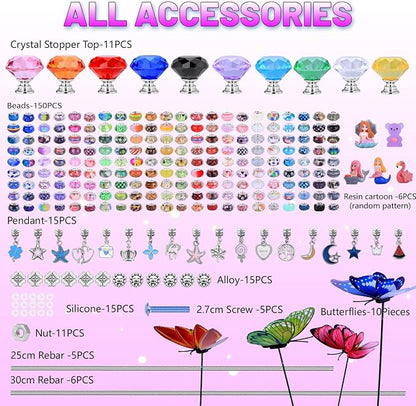 AIPRIDY DIY Crystal Beaded Fairy Wand Garden Stakes Kit, Colorful Decorative Wands with Assembly Guide, 12 or 10 Inch Threaded Rods,Outdoor Garden Decoration Set (252, Rainbow+Fairy Tale Top)