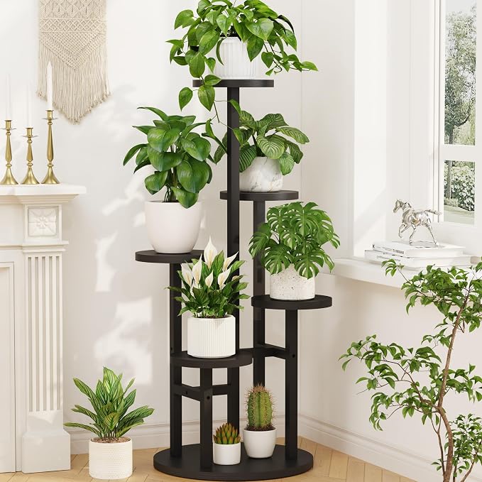 LASZOLA 5 Tiered Wood Plant Stand Indoor Corner, Flower Holder Rack Tall for Multiple Plants, Rustic Planter Shelf Display for Patio Garden Balcony Living Room， Black