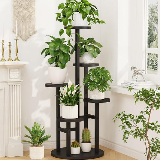 LASZOLA 5 Tiered Wood Plant Stand Indoor Corner, Flower Holder Rack Tall for Multiple Plants, Rustic Planter Shelf Display for Patio Garden Balcony Living Room， Black