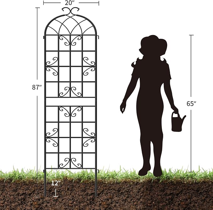 2-Pack 87" x 20" Black Metal Garden Trellises with Butterfly Design | Rust-resistant metal trellises with butterfly arches, scrollwork, spikes, and support for roses, vines, or vegetables