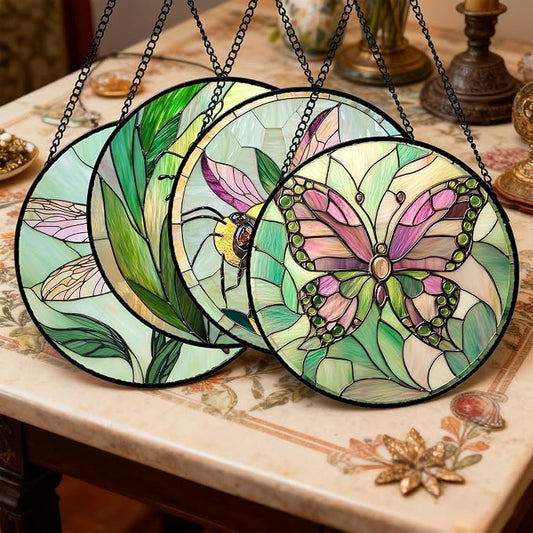 DASTOLL Stained Glass Window Hanging 4 Pcs Set Pink Green Insect Theme 6.3" - Butterfly Suncatcher Door Garden Sun Catcher Decor Birthday Christmas for Mom Woman Nana Men