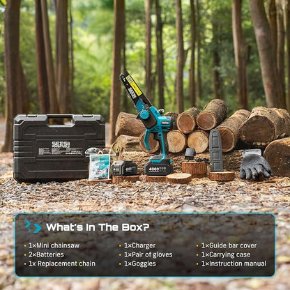 SEESII Flagship 8-Inch Cordless Mini Chainsaw, Upgraded Brushless Motor | Electric Chainsaw with 2×4000mAh Batteries, Tool-Free Chain Tension & Oiler, Handheld Saw for Fast Tree Branch Cutting