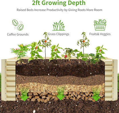 Land Guard 8×4×2ft Galvanized Raised Garden Bed, Planter Boxes Outdoor, Raised Garden Beds Outdoor for Vegetables, Flowers, Herbs, 479 Gallons, Cream Yellow…