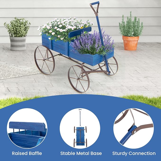 Goplus Wagon Planter, Decorative Wooden Garden Planter with Wheels, 2 Planting Sections and Adjustable Handle, Indoor Outdoor Backyard Balcony Decor (Blue)
