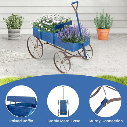 Goplus Wagon Planter, Decorative Wooden Garden Planter with Wheels, 2 Planting Sections and Adjustable Handle, Indoor Outdoor Backyard Balcony Decor (Blue)