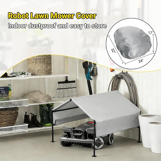 Robot Mower Garage + Waterproof Cover, 32"x30"x26" | Heavy Steel Frame | Thickened 600D Oxford Fabric Sun Resistant Dustproof Shelter, Fits Husqvarna, Mammotion, Segway, WORX, ECOVACS, MOVA & more
